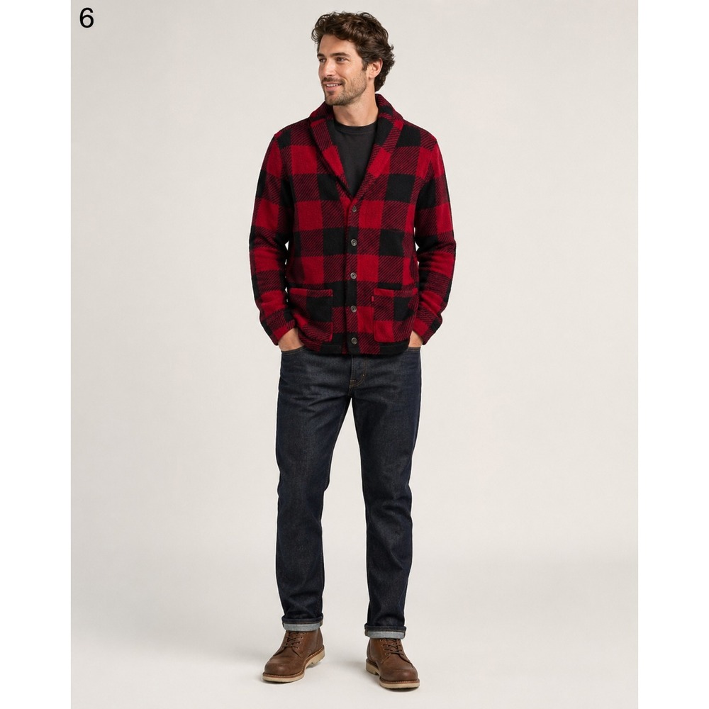 Levi's Trouss Sweater Mens Small Red Black Buffalo Plaid Polyester Fleece Lined